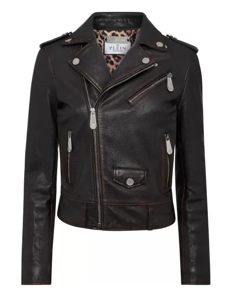 Black Damen Philipp Plein Billig Vintage Leather Boxy Biker Leder Und Pelz